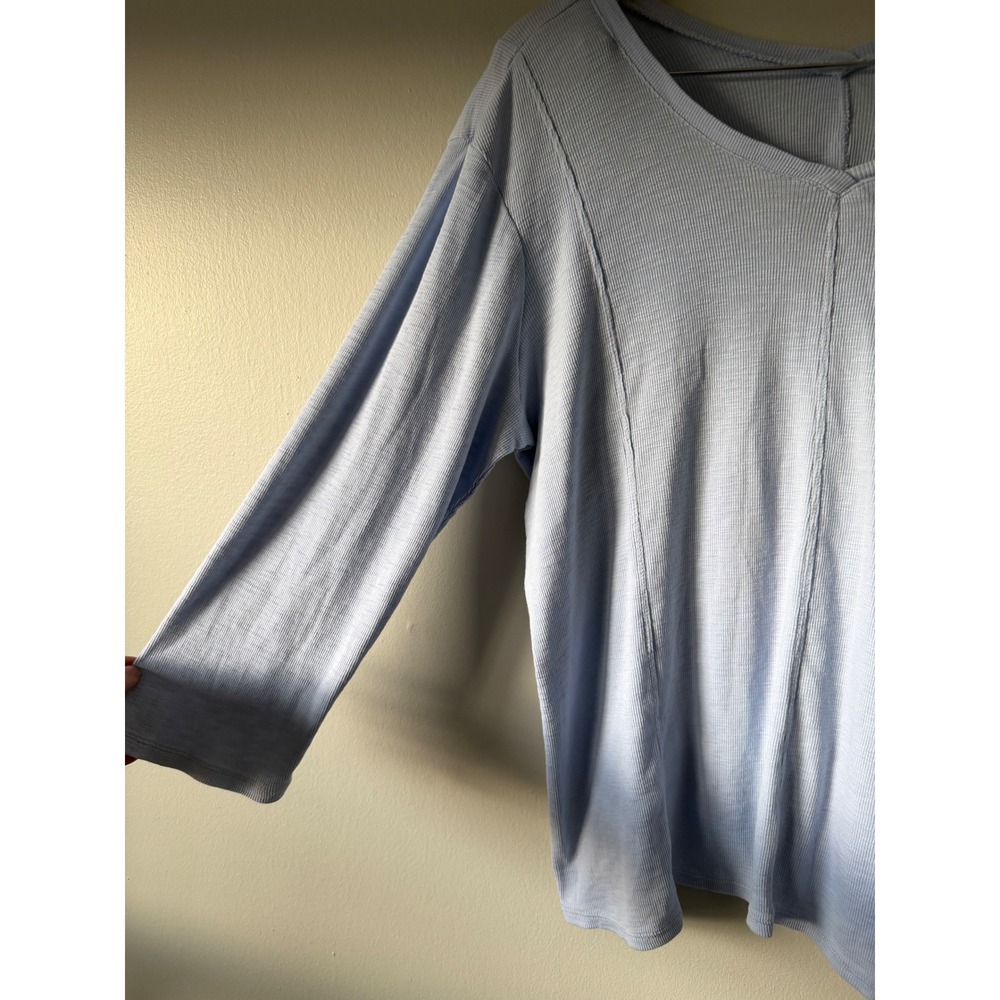 J.Jill Light Blue 100% Pima Cotton Ribbed V-Neck 3/4 Sleeve Seamed Top Large - Picture 4 of 7